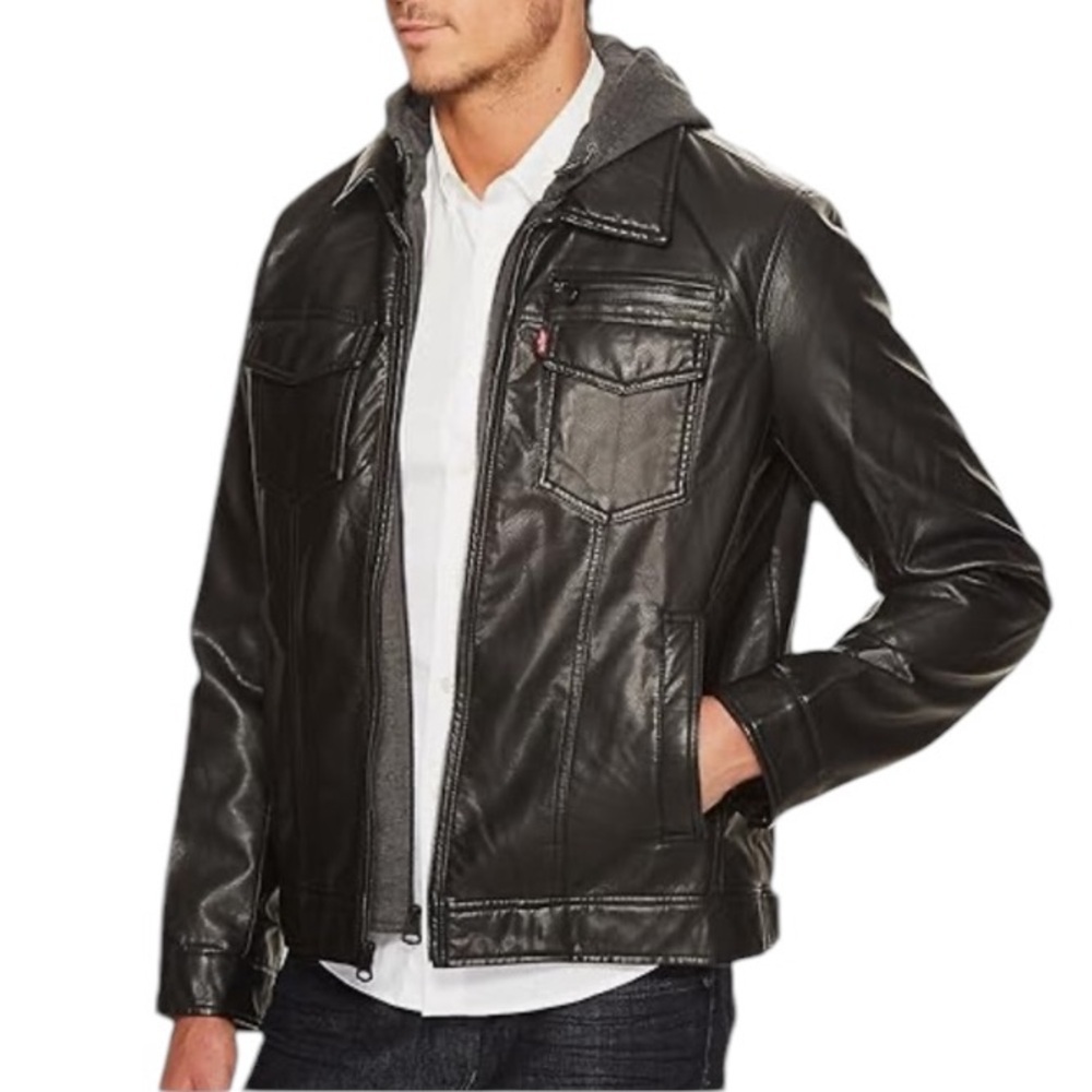 Levi’s Men’s Faux Leather Fleece Hoodie Trucker Jacket Black Large